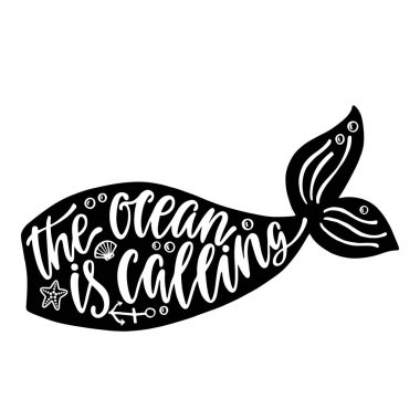 Okyanus arıyor. Yaz ile mermaid kuyruk silueti hakkında ilham alıntı el çekilmiş.