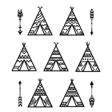 Teepee çadır ve okları tribal dövme koleksiyonu. Kızılderili çadırı süs tasarım. 