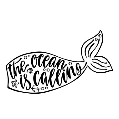 Okyanus arıyor. Yaz ile mermaid kuyruk silueti hakkında ilham alıntı el çekilmiş. 