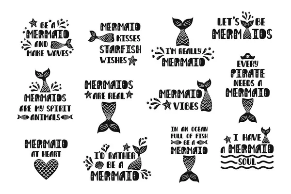 Bunt av mermaid's kort. Handskrivna inspirerande citat om sommaren. — Stock vektor