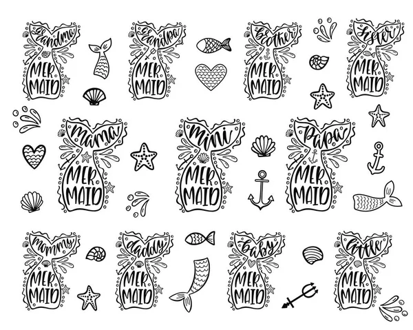 Mermaid familj samling. Typografi design för flicka födelsedagsfest. Moderna kalligrafi fraser — Stock vektor