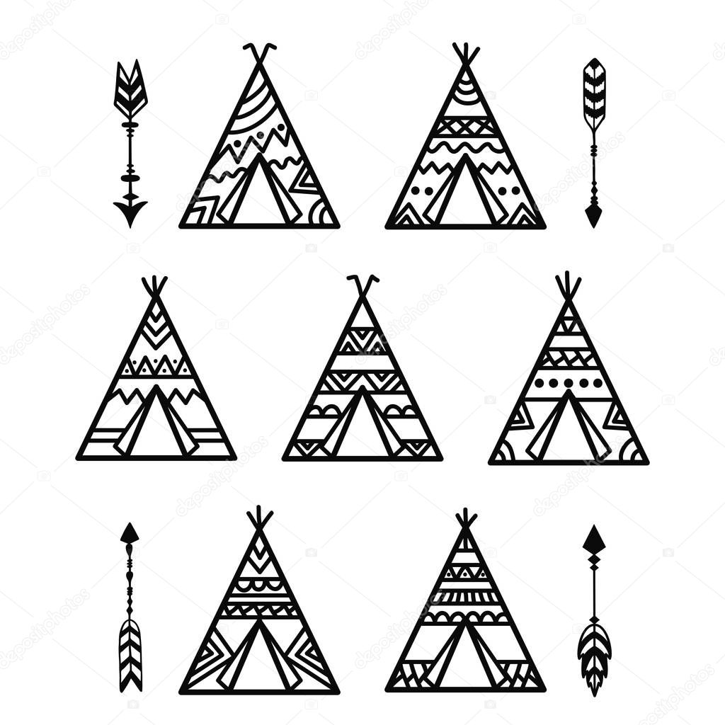 Teepee tents and arrows tribal tattoo collection. Wigwam ornamental design. Can be used to shirts, prints, posters, kid room decor, boy nursery decor. Vector illustration isolated on white background.