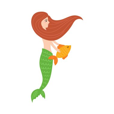 Sevimli küçük deniz kızı kız balık ile el çekilmiş.