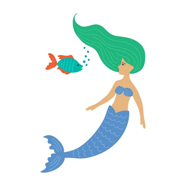 Hand drawn cute little mermaid girl with fish. — Stock Vector