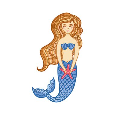 Denizyıldızı el çekilmiş şirin küçük deniz kızı kız. Renk izole karikatür çizimi