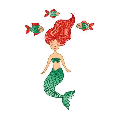 El ile balıkçı şirin küçük deniz kızı kız çekilmiş. Renk eskiz izole karikatür çizimi