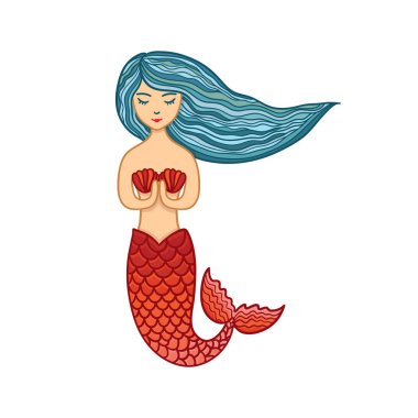 Elle çizilmiş şirin küçük deniz kızı kız. Renk eskiz çocuklar için çizgi film illüstrasyon izole.