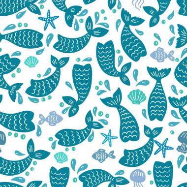 Deniz kızı kuyrukları, starfishes, jellyfishes, kabukları ile Seamless modeli. Mavi çocuk odası arka plan.