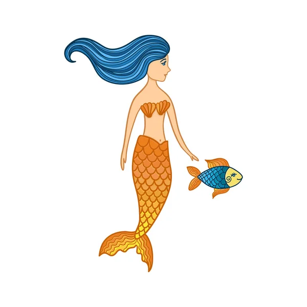Hand drawn cute little mermaid girl with fish. Color sketch isolated cartoon illustration — Stock Vector