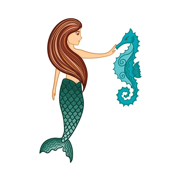 Hand drawn cute little mermaid girl with seahorse. Color sketch isolated cartoon illustration. — Stock Vector