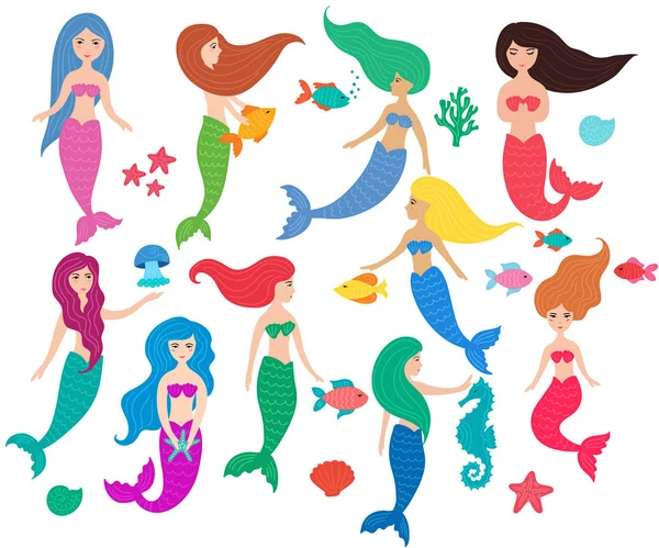 Set of hand drawn cute little mermaid girls, starfish, seahorse, jellyfish, fishesshells. — Stock Vector