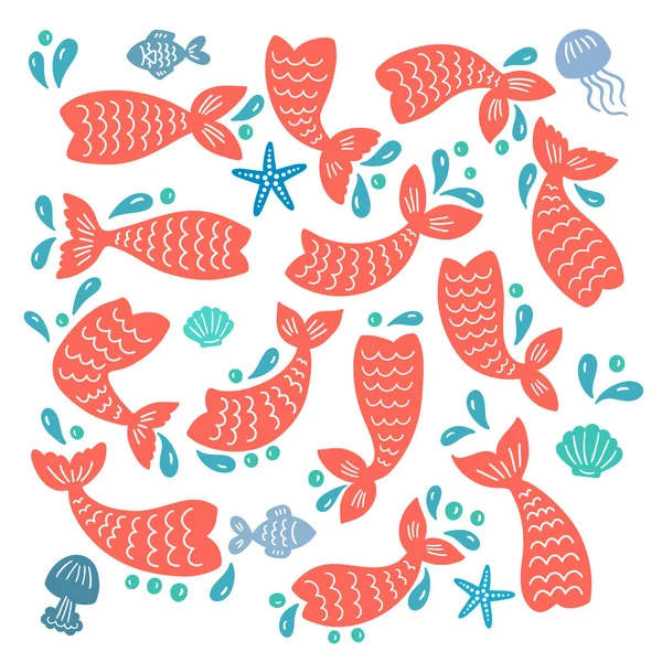 Set of mermaid tails, fishes, starfishes, shells, jellyfishes silhouettes. — Stock Vector