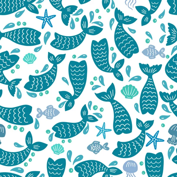 Seamless pattern with mermaid tails, starfishes, jellyfishes, shells. Blue nursery background. — Stock Vector