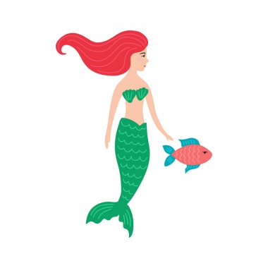 Sevimli küçük deniz kızı kız balık ile el çekilmiş.