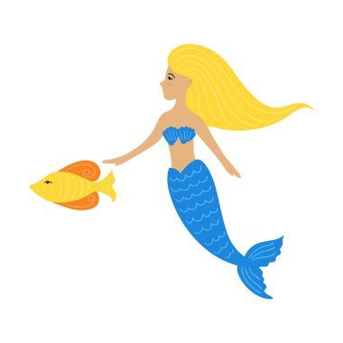 Sevimli küçük deniz kızı kız balık ile el çekilmiş.