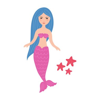 Elle çizilmiş şirin küçük deniz kızı kız starfishes ile. 