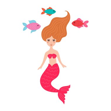 Sevimli küçük deniz kızı kız ile balıkçı el çekilmiş. 