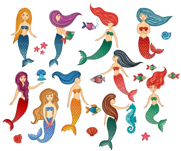 Set of hand drawn cute little mermaid girls, starfish, seahorse, jellyfish, fishes, shells. — Stock Vector