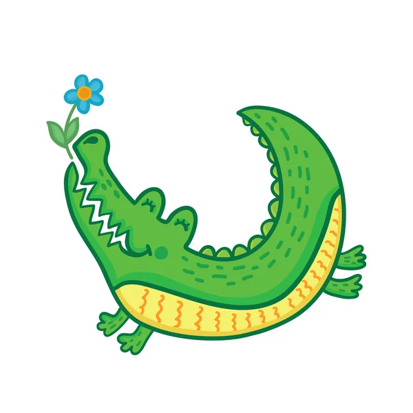 Handgezeichnetes niedliches Krokodil mit Blume. — Stockvektor