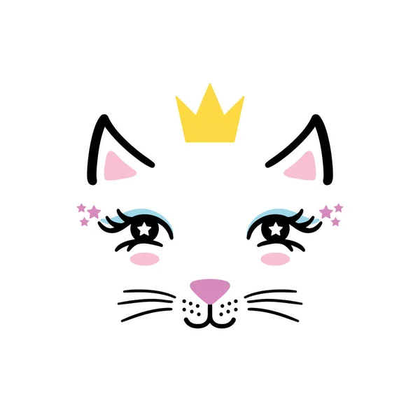 Hand getekend schattig weinig kitty meisje gezicht met kroon. — Stockvector