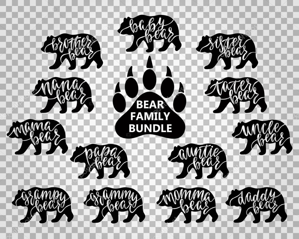 Bear family bundle: Mama, papa, baby, brother, sister, momma, daddy, grampy, grammy, uncle, auntie, nana, tater, paw. Hand drawn typography phrases with bear silhouettes. Vector illustration.