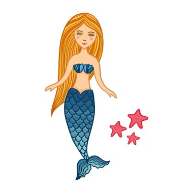 Elle çizilmiş şirin küçük deniz kızı starfishes kızla. Renk eskiz izole karikatür çizimi