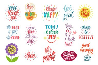 İyi hisler, mutlu seçin, canım, teşekkür ederim ve diğerleri. Pozitif Inspirational quotes kümesi.