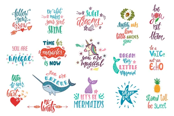 Pozitif Inspirational quotes kümesi. Büyülü Hat el çekilmiş ifadeler 