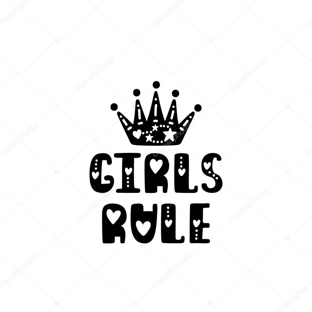 Girls rule. Hand drawn nursery print with crown. Black and white poster