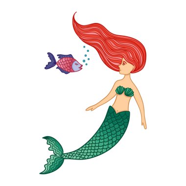 El sevimli küçük deniz kızı kız balık ile çekilmiş. Renk eskiz izole karikatür çizimi