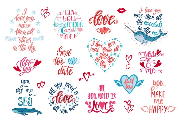 Set di citazioni positive ispiratrici per San Valentino. Frasi di calligrafia moderna disegnate a mano sull'amore . — Vettoriale Stock