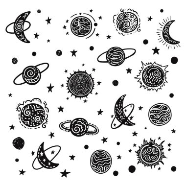 Kozmos teması üzerine siyah beyaz karalama çizimleri koleksiyonu