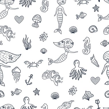 Denizkızları, deniz kabukları, deniz balıkları, ahtapot, dalgalar, çapa..