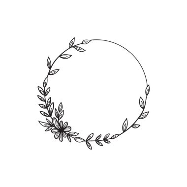 El çizimi çiçek çelengi. Düğün için çiçek çerçevesi, davetiye, tebrik kartı, parmak izi. Tek renkli vektör çizimi beyaz arkaplanda izole edildi.