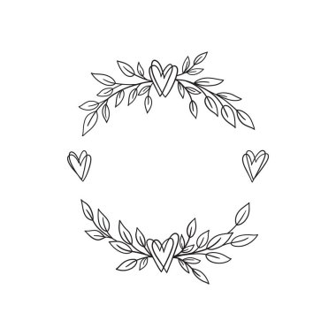 Kalpli el çizimi defne çelengi. Düğün için çiçek çerçevesi, davetiye, tebrik kartı, parmak izi. Tek renkli vektör çizimi beyaz arkaplanda izole edildi.