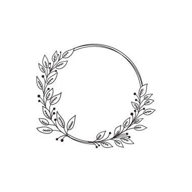 El çizimi defne çelengi. Düğün için çiçek çerçevesi, davetiye, tebrik kartı, parmak izi. Tek renkli vektör çizimi beyaz arkaplanda izole edildi.