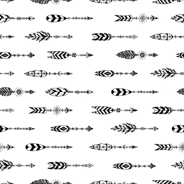 Bohemian Seamless Pattern Doodle Arrows Hand Drawn Monochrome Background Vector — Stock Vector