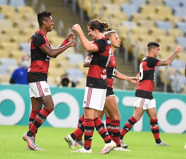 Flamengo Bruno Henrique Balról Filipe Luis Csapattársával Ünnepel Miután Egy — Stock Fotó