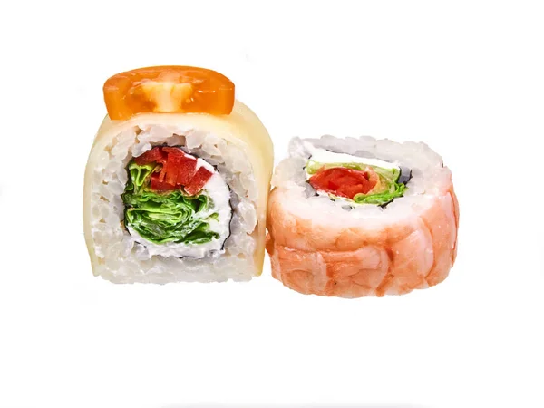 Paar Sushi Broodjes Met Garnalen Geïsoleerd Wit — Stockfoto