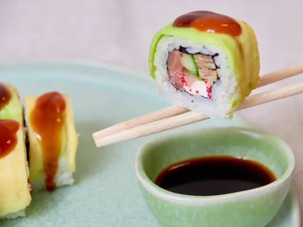 Fresh Sushi Plate Soy Sauce Mood Shot — Stock Photo, Image