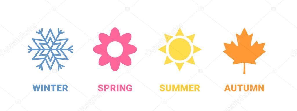 Four seasons icons, signs, symbols, winter spring summer autumn, vector design elements