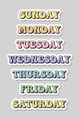 Renkli hafta içi çıkartmaları, harika harfler, Pazar, Pazartesi, Salı, Çarşamba, Perşembe, Cuma ve Cumartesi, vektör tasarım unsurları