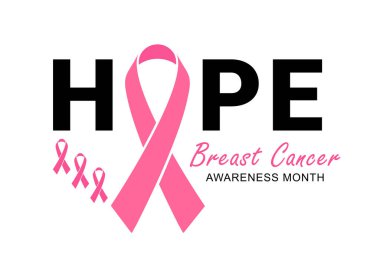 Ekim ayında umut tipografisi, göğüs kanseri farkındalığı ayı posteri, afiş, pankart, kart, pembe kurdeleli siyah metin, vektör illüstrasyonu