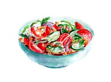 Bir tabak sebze salatası, domates, yeşillik, salatalık, soğan, zeytin, yumurta, dereotu, maydanoz, vişneli domates. İzole edilmiş beyaz arkaplanda el yapımı çizim. Logo