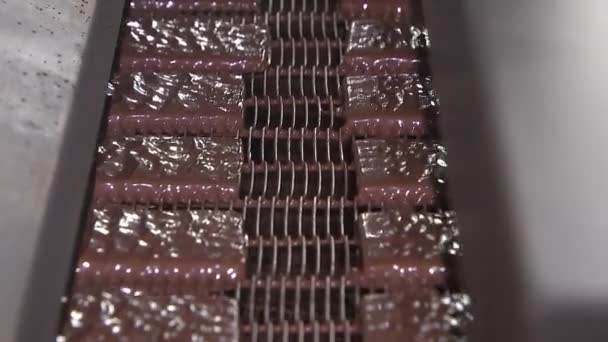 Chocoladefabriek Chocolade Evolueren Langs Transportband — Stockvideo