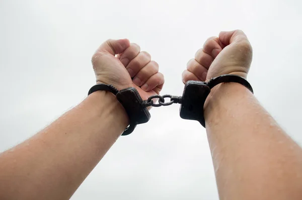 Men Hands Handcuffs White Background Raining — Stock Photo, Image