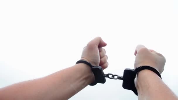 Men Hands Handcuffs White Background — Stock Video