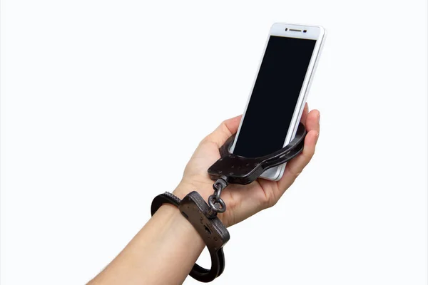 Dépendance Émotionnelle Féminine Sur Téléphone Portable Menottée Smartphone — Photo