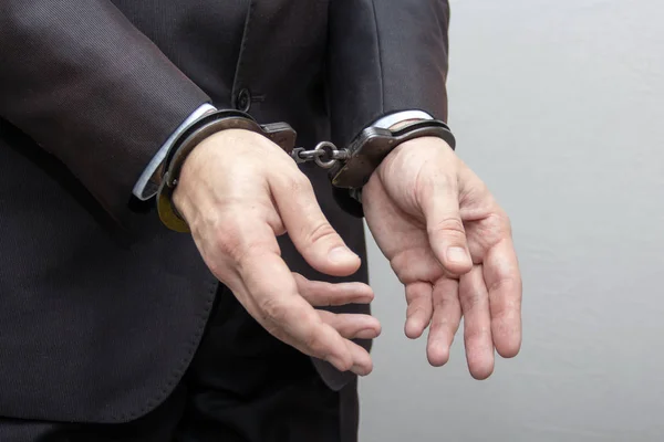 Man Handcuffs Talking Phone One Call Prison Talking Lawyer Business — Stock Photo, Image