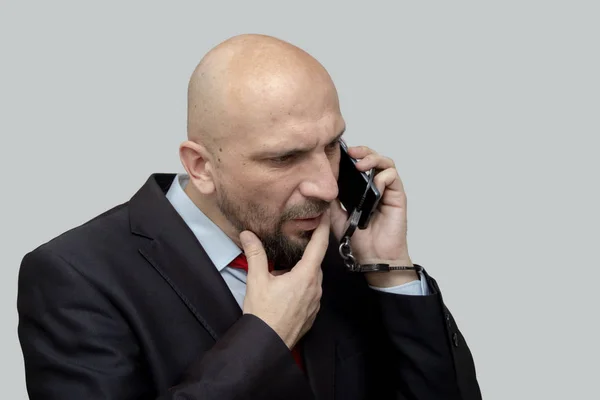 Mannen Handfängsel Talar Telefonen Ett Samtal Från Fängelset Prata Med — Stockfoto